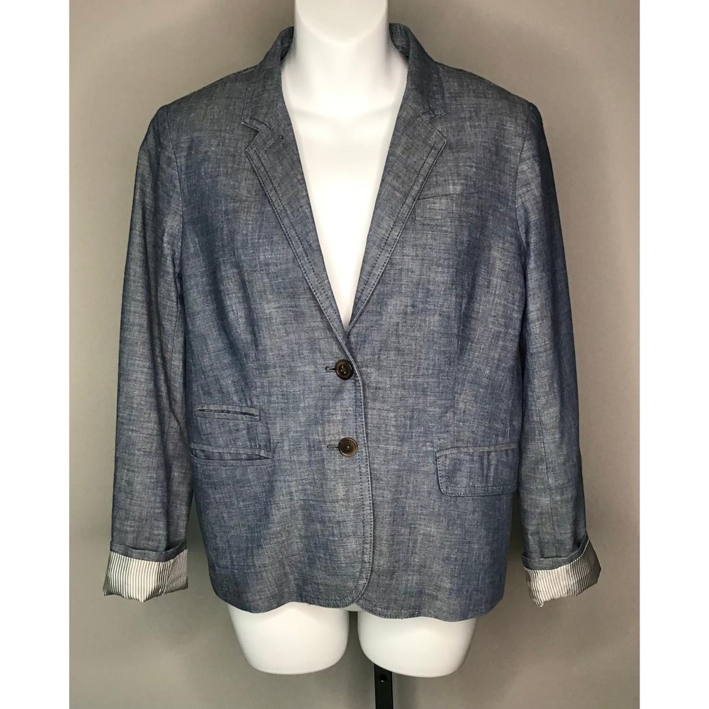 J.Crew Womens Sz 4 Blue Chambray Cotton Blazer Jacket Schoolboy Casual Workwear - Picture 1 of 15